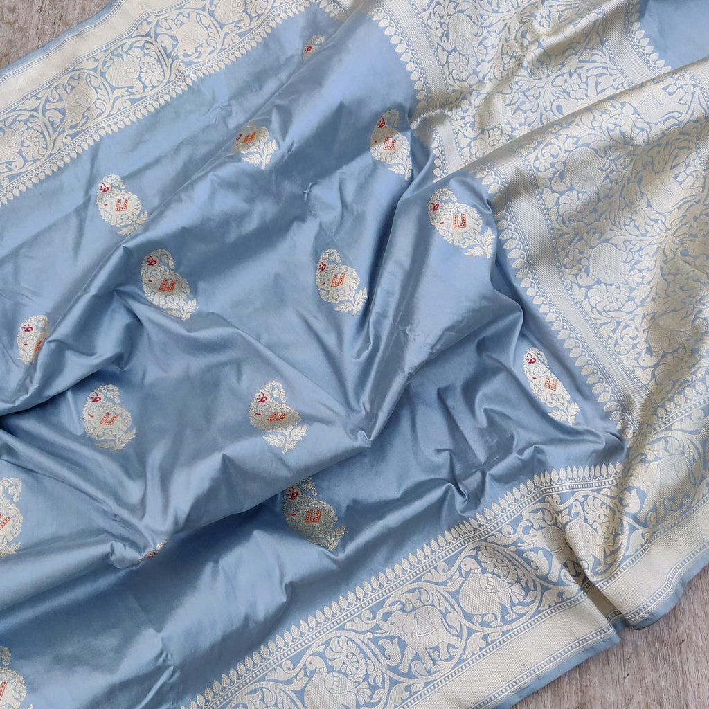 Pastel Blue Colour Pure Katan Silk Handwoven Banarasi Saree