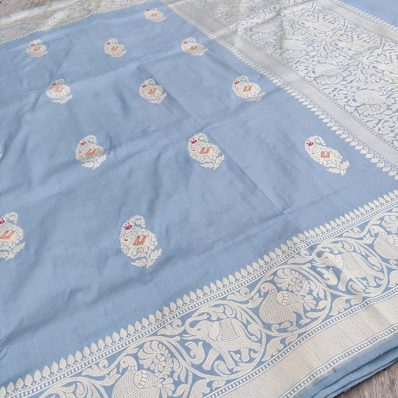 Pastel Blue Colour Pure Katan Silk Handwoven Banarasi Saree
