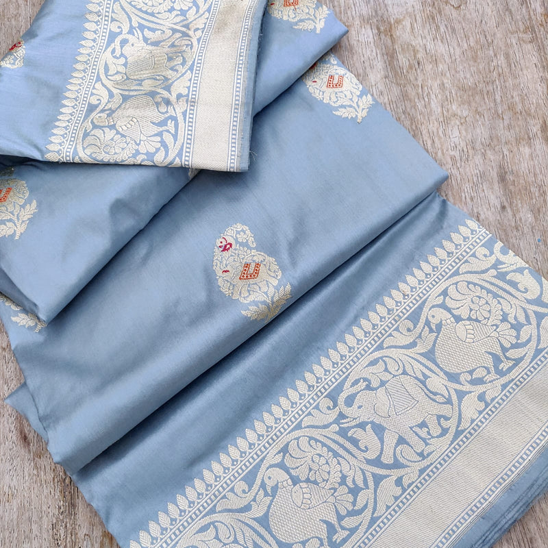 Pastel Blue Colour Pure Katan Silk Handwoven Banarasi Saree