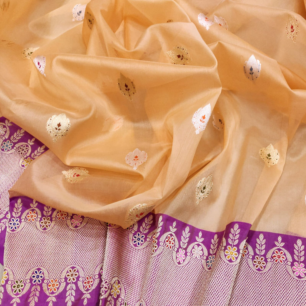 Peach Color Pure Kora Silk Handwoven Banarasi Saree