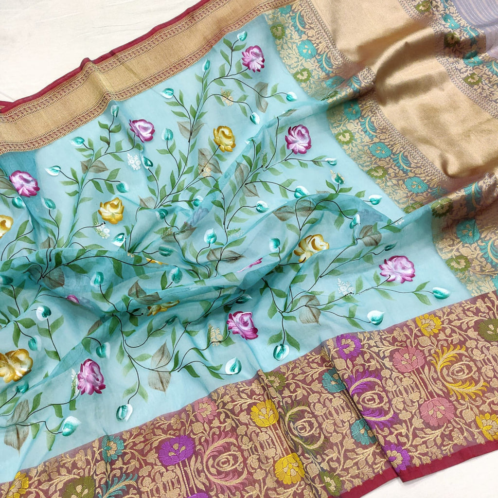 Sky Blue Color Pure Cotton Silk Handwoven Banarasi Saree