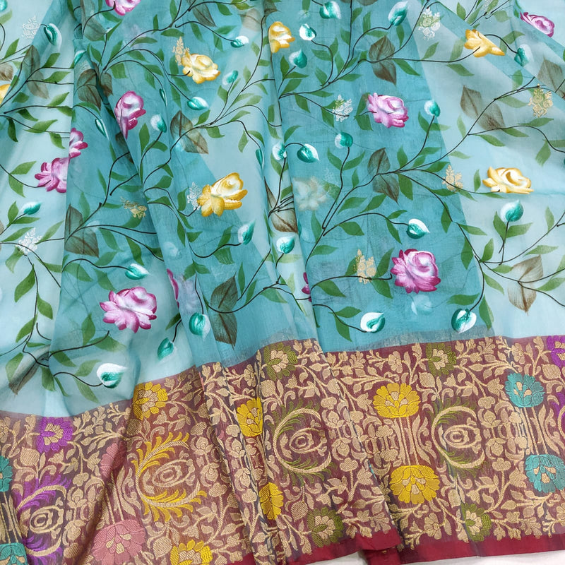 Sky Blue Color Pure Cotton Silk Handwoven Banarasi Saree