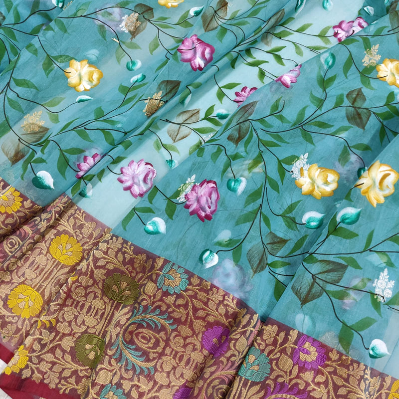 Sky Blue Color Pure Cotton Silk Handwoven Banarasi Saree