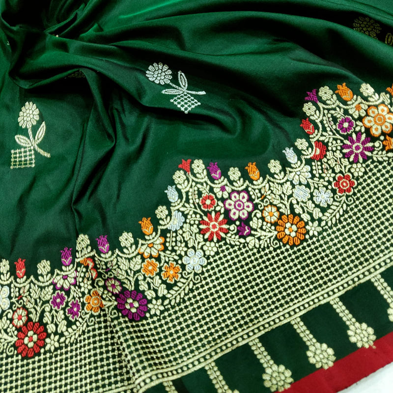 Bottle Green Colour Katan Silk Handwoven Banarasi Saree