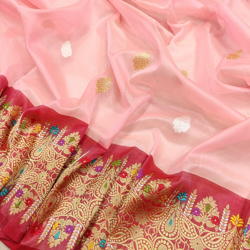 Baby Pink Color Pure Kora Silk Handwoven Banarasi Saree
