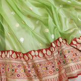 Parrot Green Colour Pure Kora Silk Handwoven Banarasi Saree