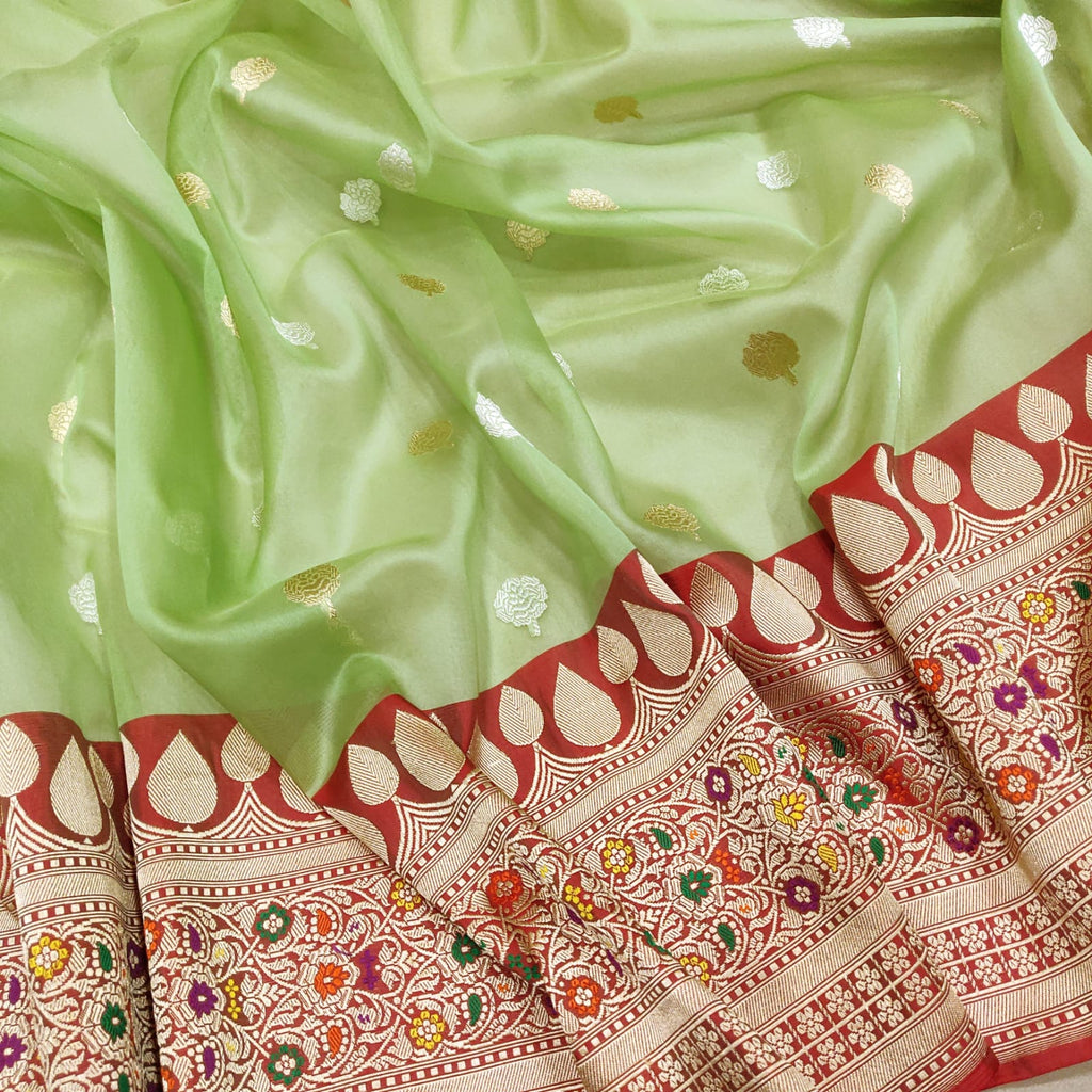 Parrot Green Colour Pure Kora Silk Handwoven Banarasi Saree