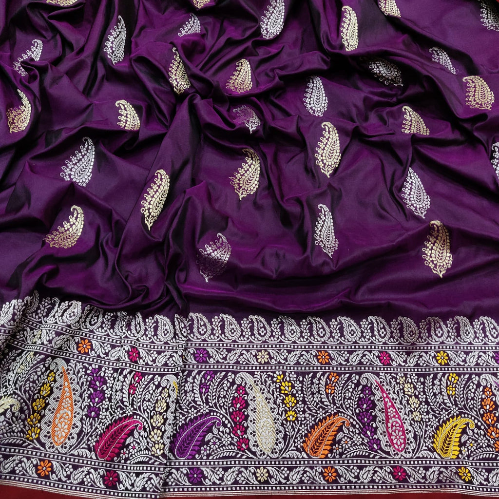 Wine Color Katan Silk Handwoven Banarasi Saree – Banarasi Shagun