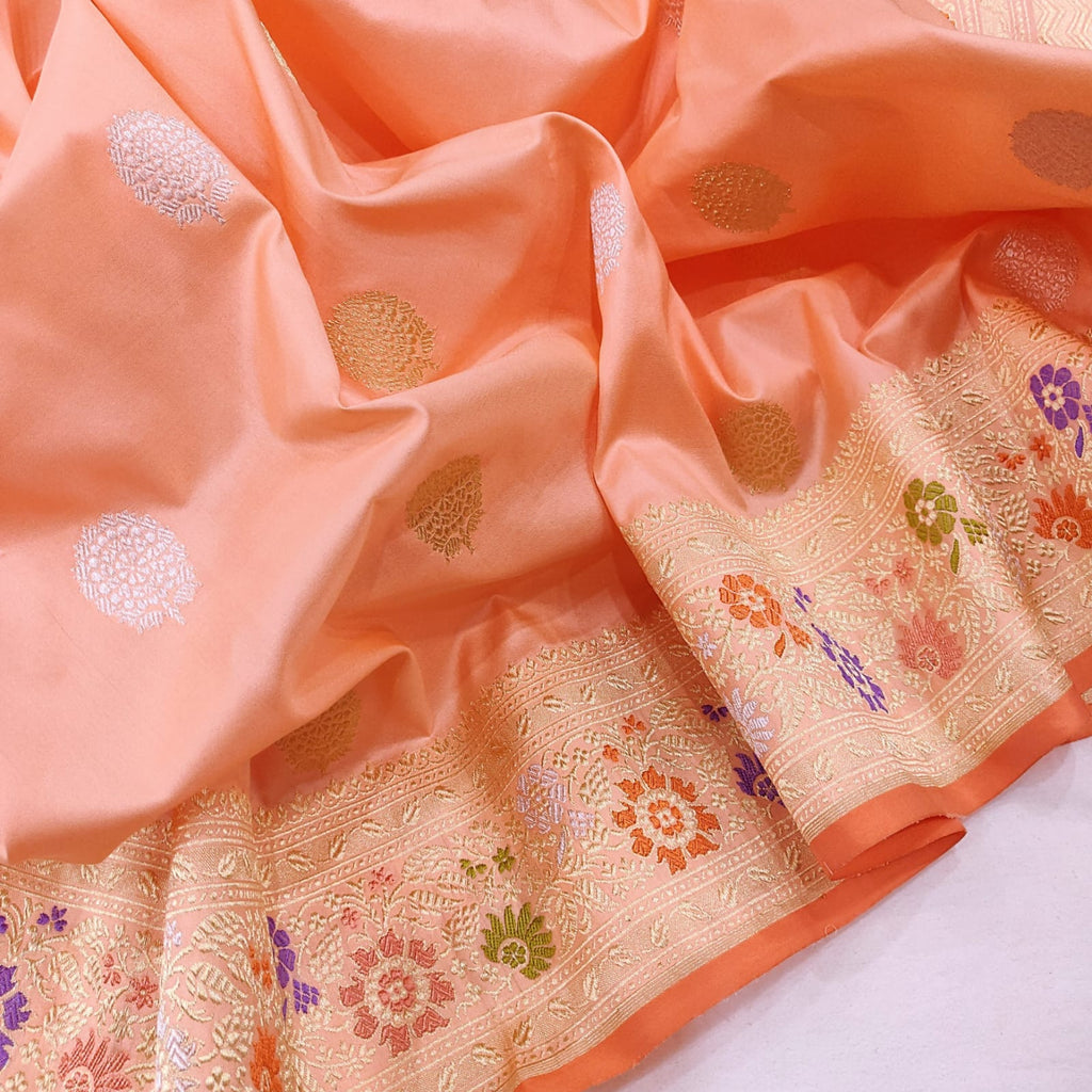 Pastel Peach Color Pure Katan Silk Handwoven Banarasi Saree