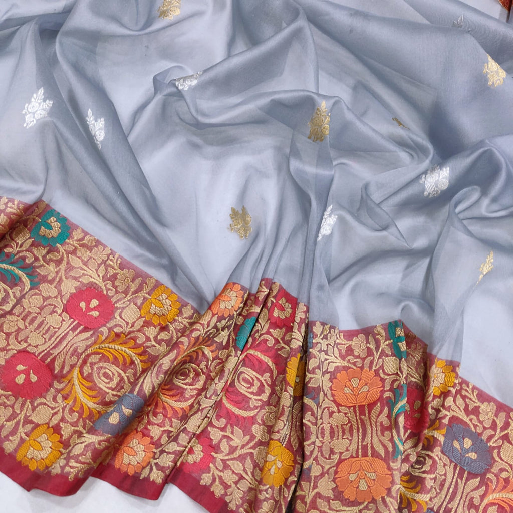 Gray Color Pure Kora Silk Handwoven Banarasi Saree