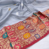 Gray Color Pure Kora Silk Handwoven Banarasi Saree