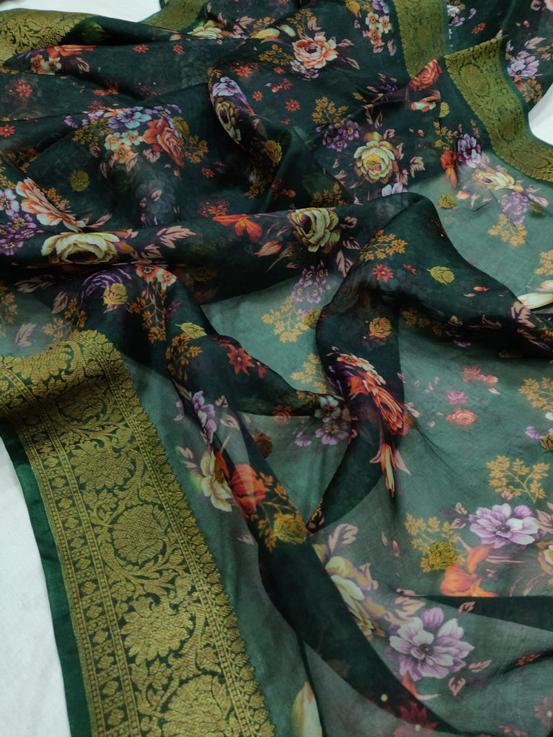 Dark Green Kora Silk Handwoven Banarasi Saree