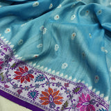 Sky Blue Color Pure tussar Silk Handwoven Banarasi Saree