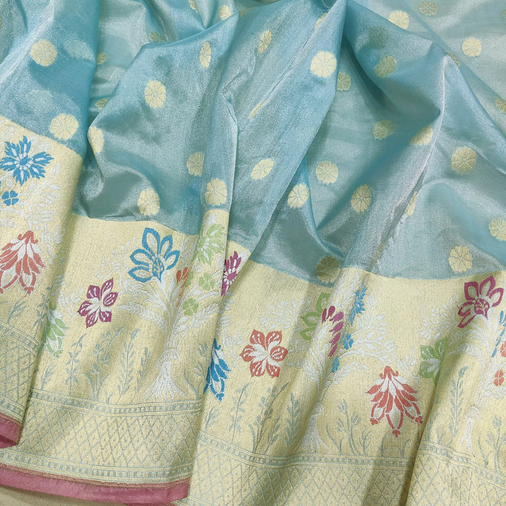 Sky Blue Color Pure Tissue Silk Handwoven Banarasi Saree