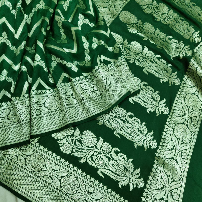 Bottle Green Colour Pure Munga Handwoven Banarasi Saree