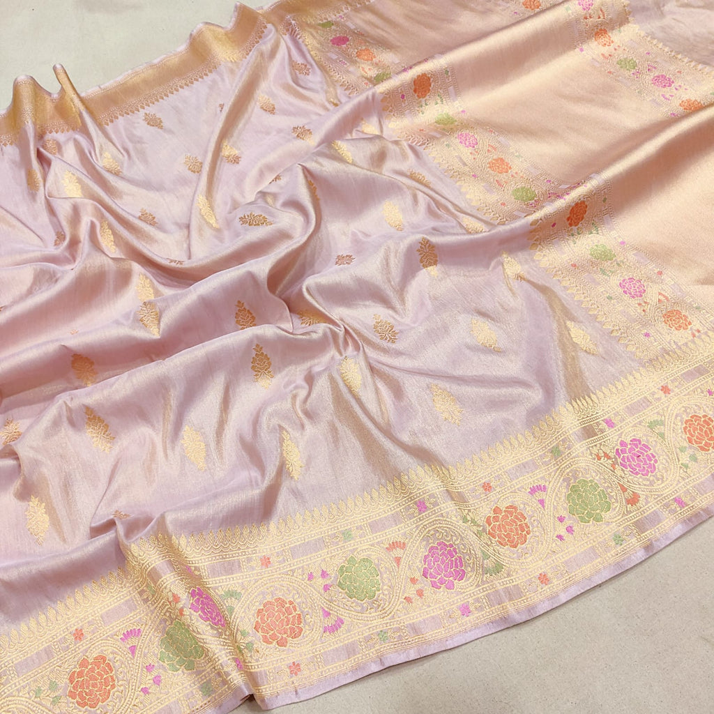 Pastel Color Pure Katan Silk By Tissue Handwoven Banarasi Saree