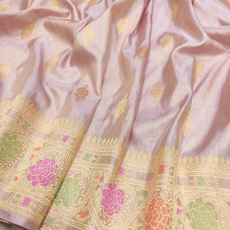 Pastel Color Pure Katan Silk By Tissue Handwoven Banarasi Saree