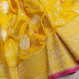 Yellow Color Pure Katan Silk Handwoven Banarasi Jungla Saree