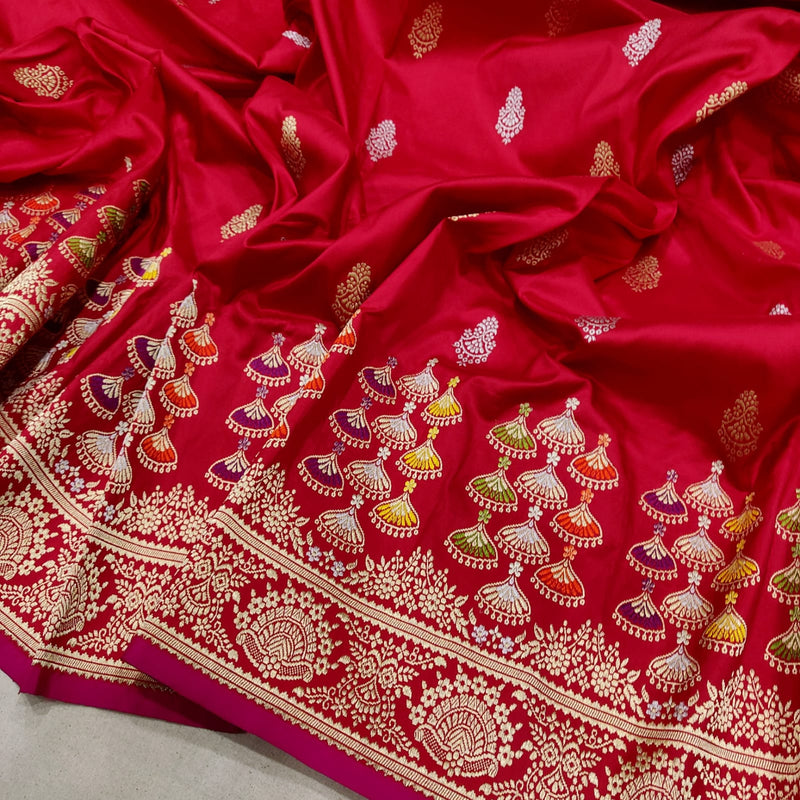 Woven Design Red Katan Silk Banarasi Saree - The Roasted Fabric - 4092753