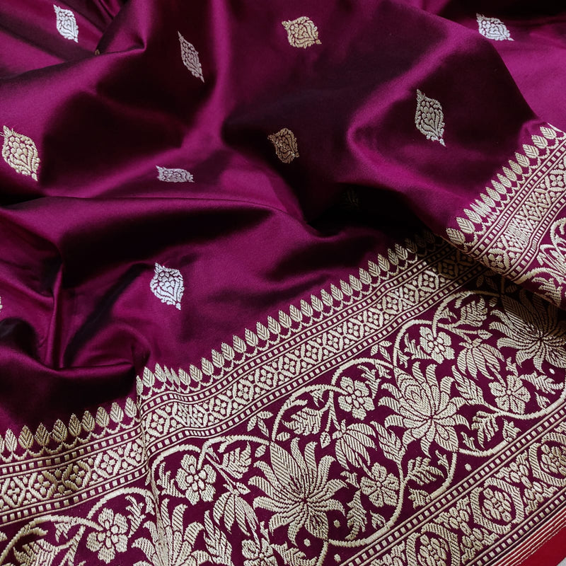 Wine Colour Pure Katan Silk Handwoven Banarasi Saree