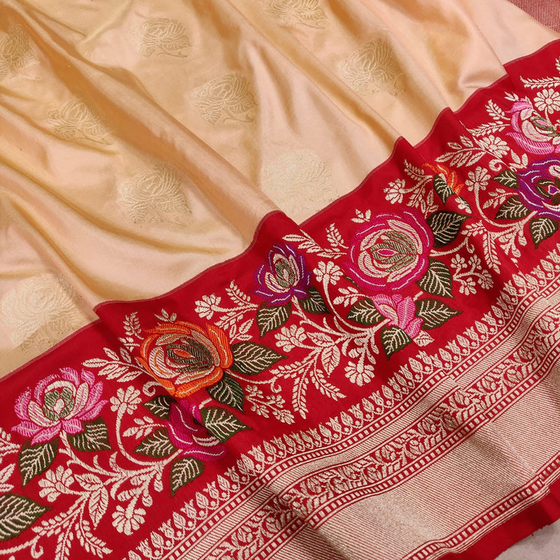 Cream Colour Pure Katan Silk Handwoven Banarasi Saree