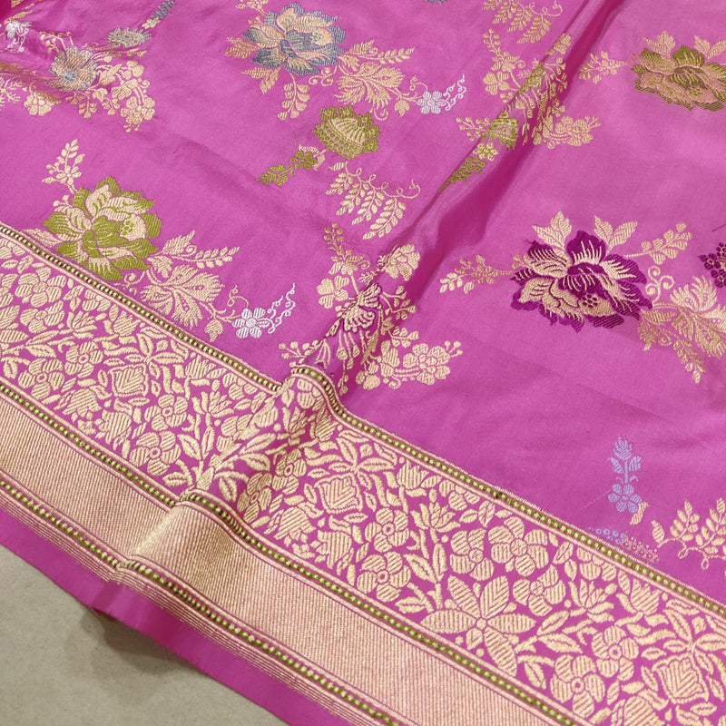 Pink Color Pure Katan Silk Handwoven Banarasi Jungla Saree