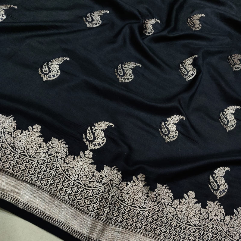 Black Color Pure Katan Silk Handwoven Banarasi Saree