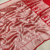 Red Colour Pure Katan Silk Handwoven Tanchoi Banarasi Saree