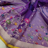 Purple Colour Pure Ektara Kora Jamdani Handwoven Banarasi Saree