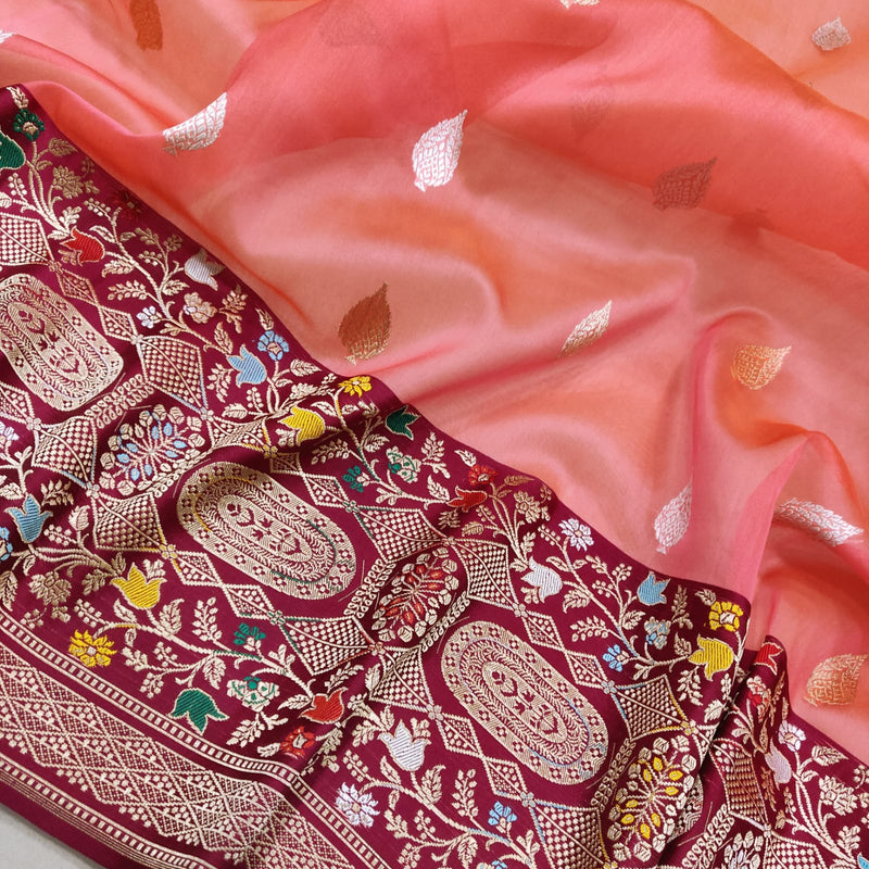 Peach Color Pure Kora Silk Handwoven Banarasi Saree