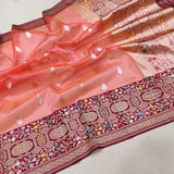 Peach Color Pure Kora Silk Handwoven Banarasi Saree