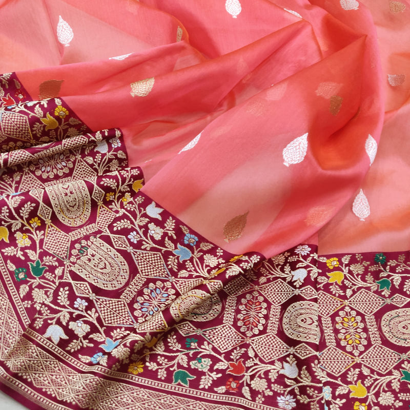 Peach Color Pure Kora Silk Handwoven Banarasi Saree
