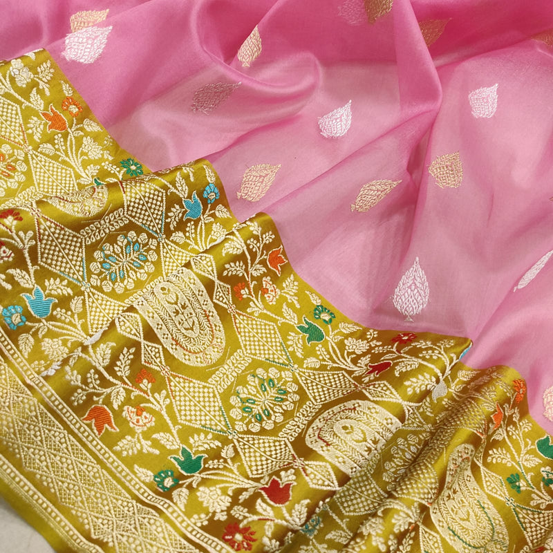 Pink Color Pure Kora Silk Handwoven Banarasi Saree
