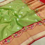 Parrot Green Color Pure Kora Silk Handwoven Banarasi Saree