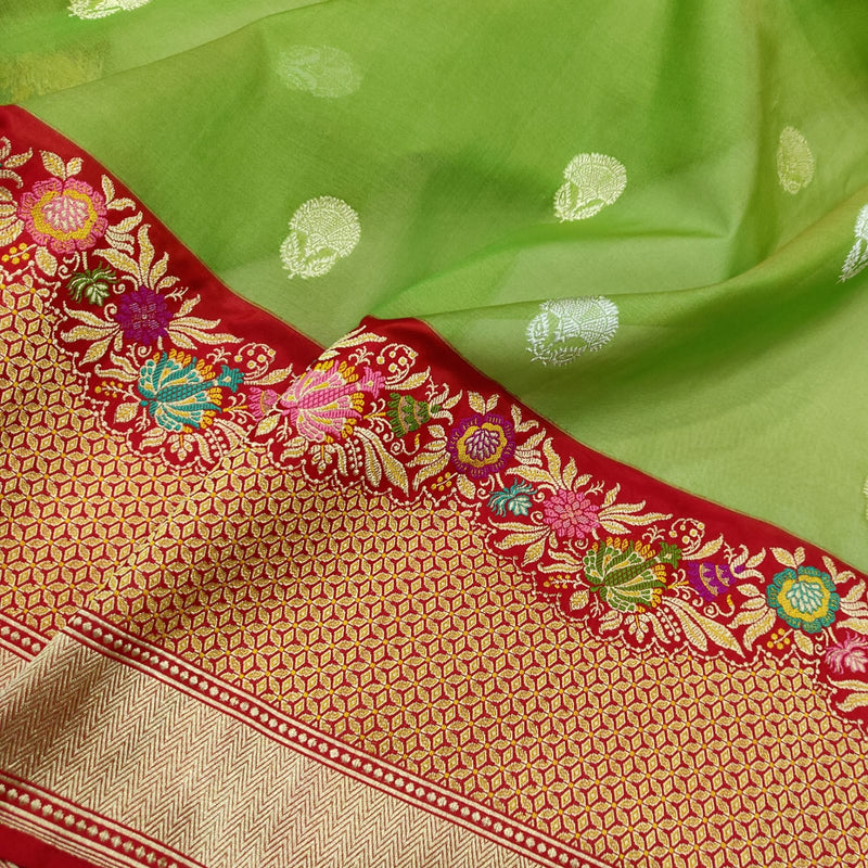 Parrot Green Color Pure Kora Silk Handwoven Banarasi Saree