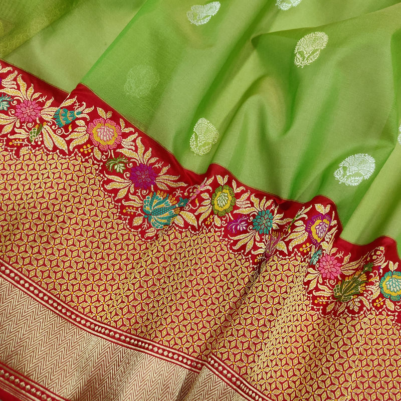 Parrot Green Color Pure Kora Silk Handwoven Banarasi Saree
