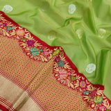 Parrot Green Color Pure Kora Silk Handwoven Banarasi Saree