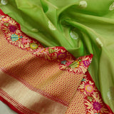Parrot Green Color Pure Kora Silk Handwoven Banarasi Saree