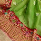 Parrot Green Color Pure Kora Silk Handwoven Banarasi Saree
