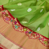Parrot Green Color Pure Kora Silk Handwoven Banarasi Saree