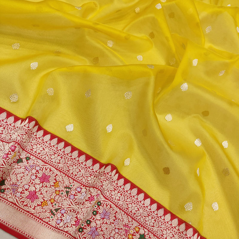 Yellow Color Pure Kora Silk Handwoven Banarasi Saree