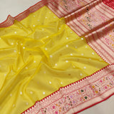 Yellow Color Pure Kora Silk Handwoven Banarasi Saree