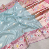 Sky Blue Colour Pure Kora Silk Handwoven Banarasi Saree