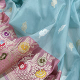 Sky Blue Colour Pure Kora Silk Handwoven Banarasi Saree