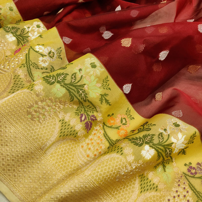 Maroon Color Pure Kora Silk Handwoven Banarasi Saree