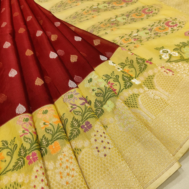 Maroon Color Pure Kora Silk Handwoven Banarasi Saree