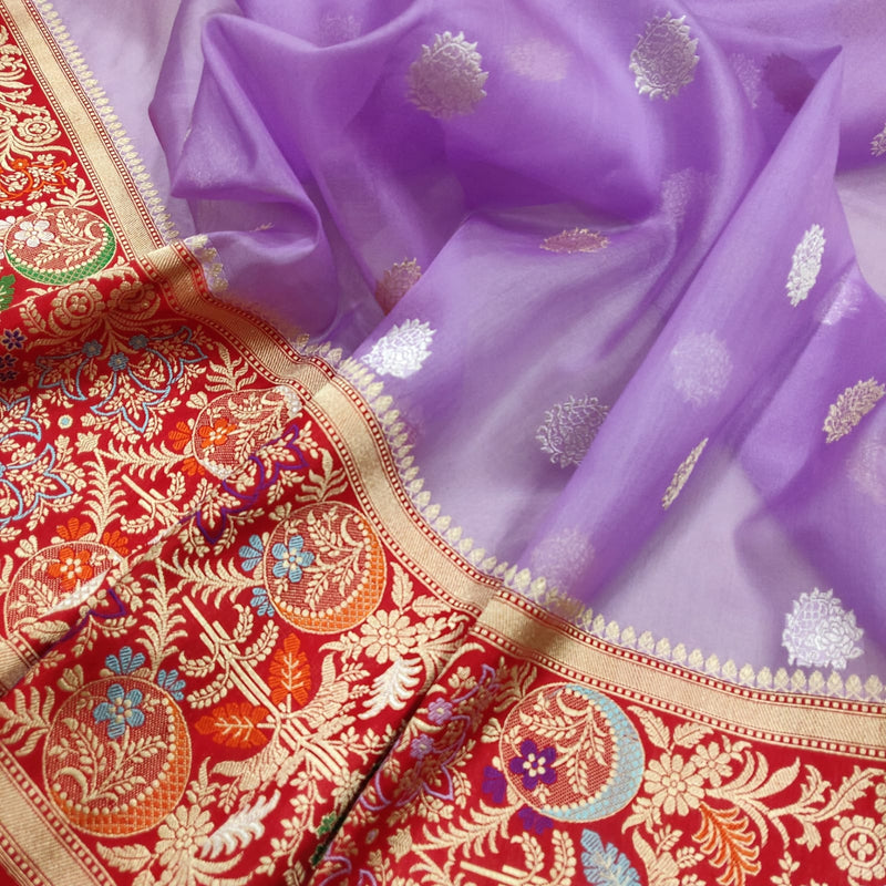 Lavender Colour Pure Kora Silk Handwoven Banarasi Saree