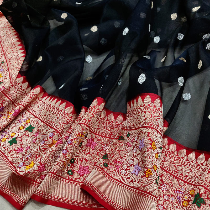 Black Color Pure Kora Silk Handwoven Banarasi Saree