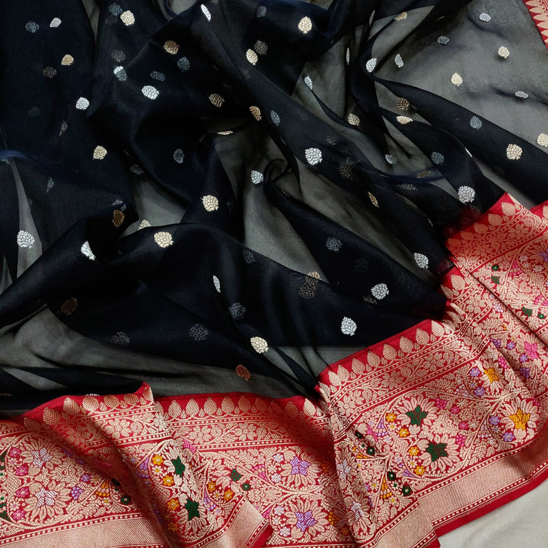 Black Color Pure Kora Silk Handwoven Banarasi Saree
