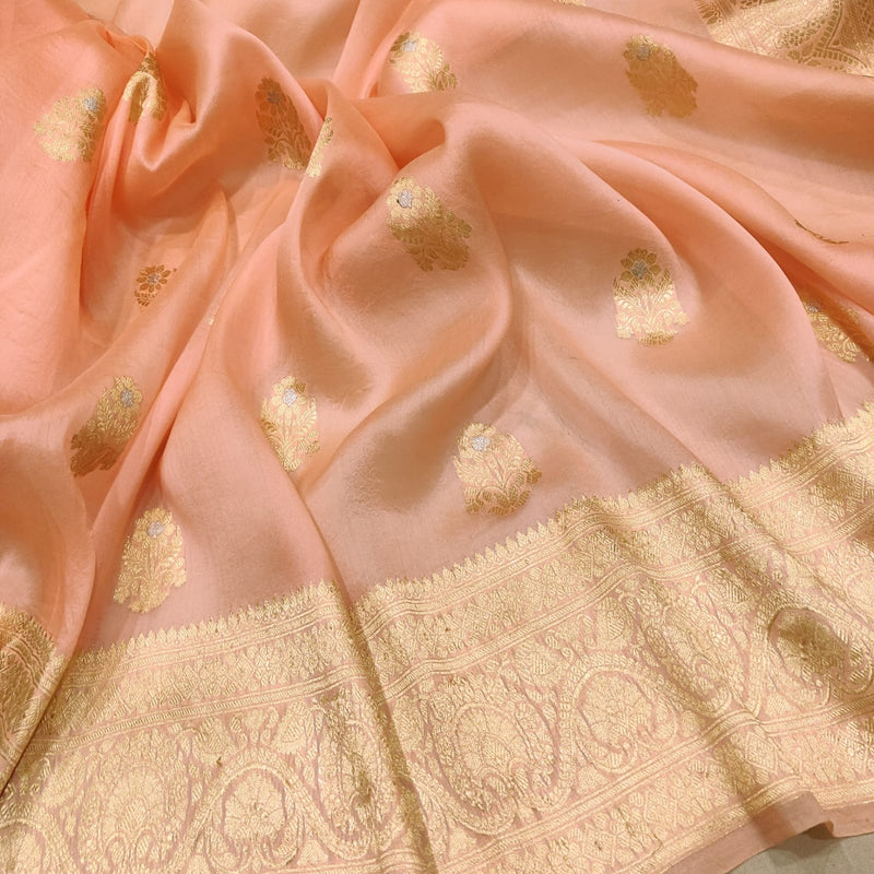 Peach Color Pure Kora Silk Handwoven Banarasi Saree
